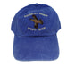 a blue hat embroidered with a flying grouse and shop name