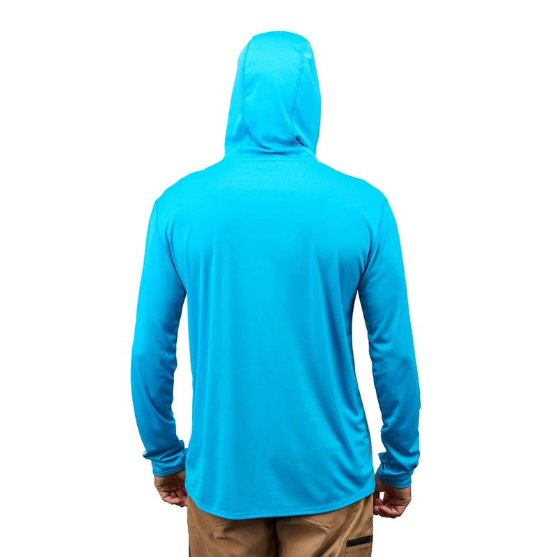 Blue hooded sun hoodie, back view, with long sleeves