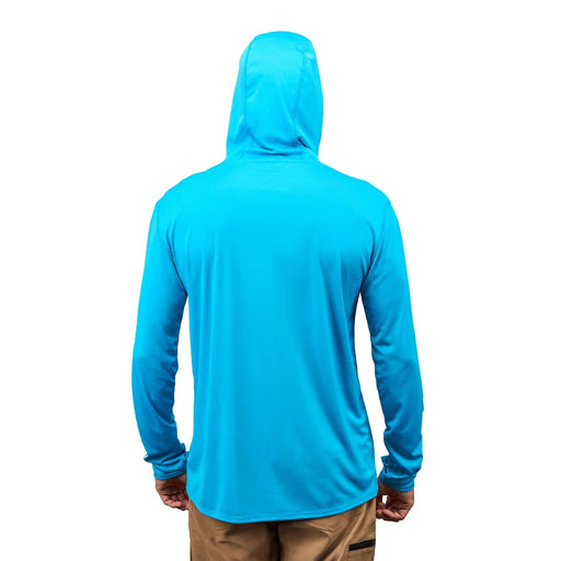 the back of an azure blue Grundens tough sun hoodie worn by a model