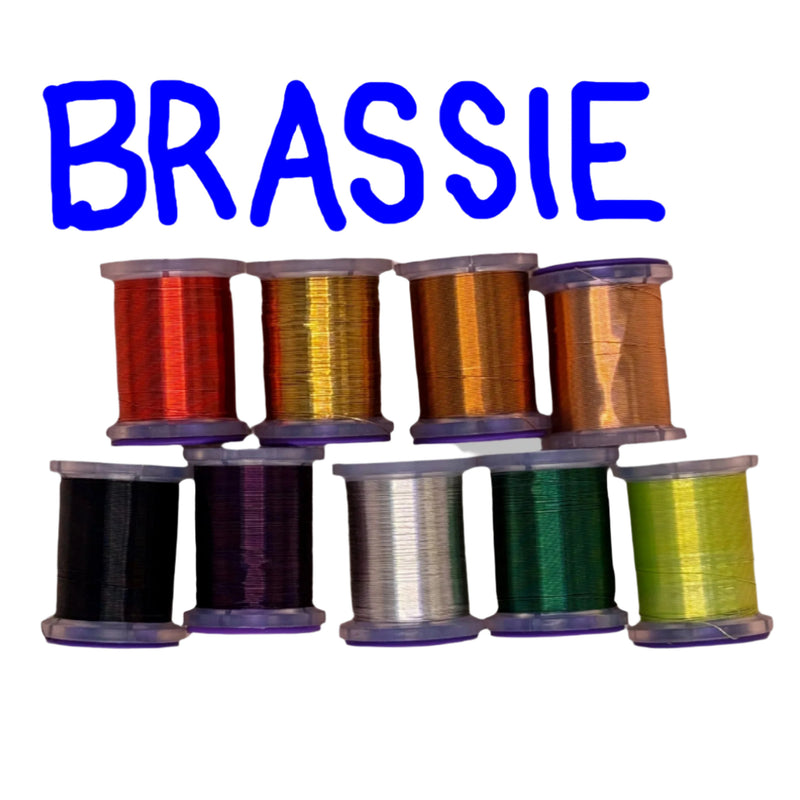 Wire spool set labeled BRASSIE with red, gold, bronze, black, silver, green spools