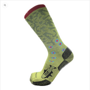 Green camo midweight socks with burgundy cuff, blue and pink accents, black heel/foot