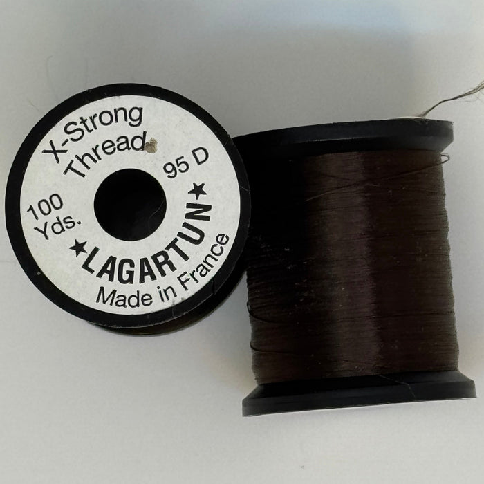 Spools of brown thread from two angles side by side