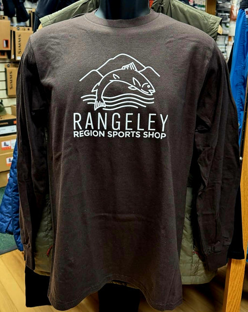 Brown t-shirt with 'Rangeley Region Sports Shop' logo on a mannequin in a store setting.