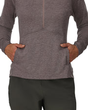 Women's bugstopper hoody in heathered dark gray, front half-zip and kangaroo pocket.