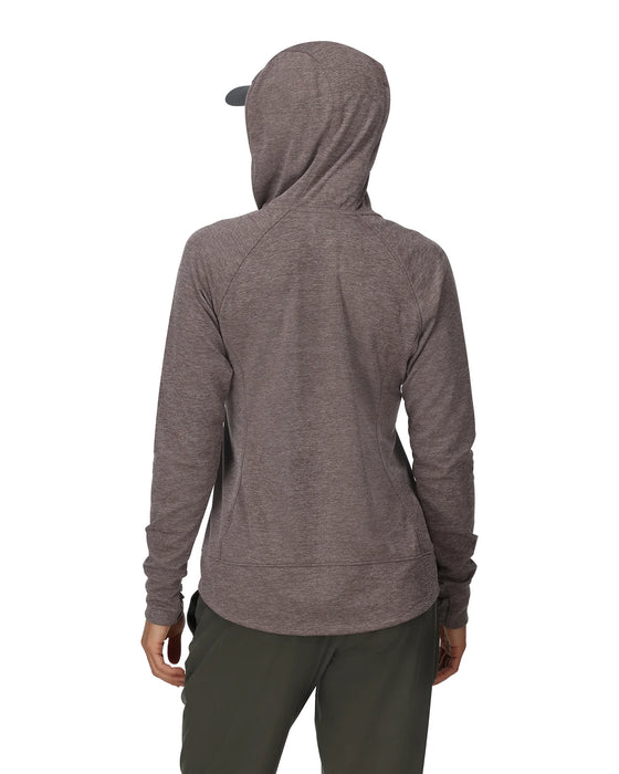 Back view of a person wearing a gray/brown hoodie on a white background