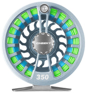 Cheeky fly reel spool with silver frame and green/blue blade accents, 350
