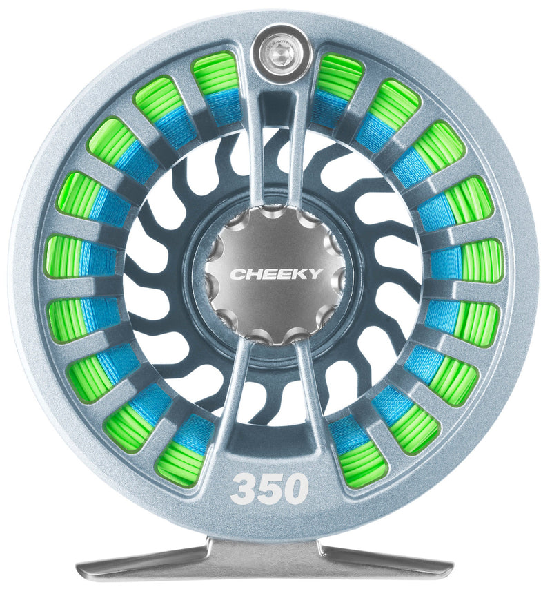 Cheeky fly reel spool with silver frame and green/blue blade accents, 350