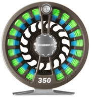Cheeky fly reel spool with dark bronze frame and green/blue blade accents, 350