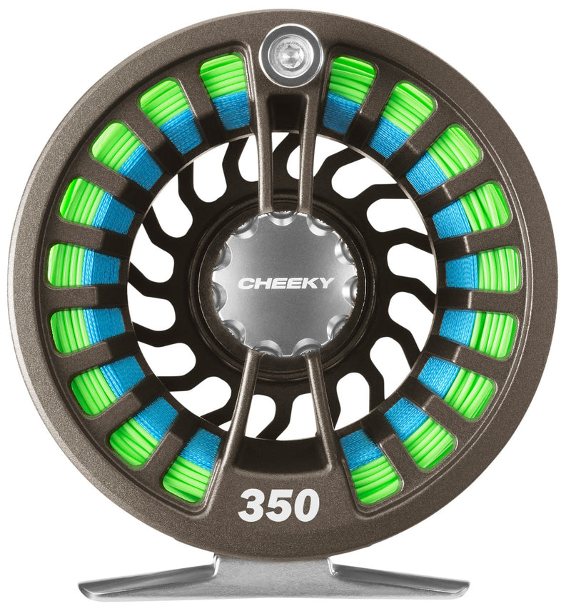Cheeky fly reel spool with dark bronze frame and green/blue blade accents, 350