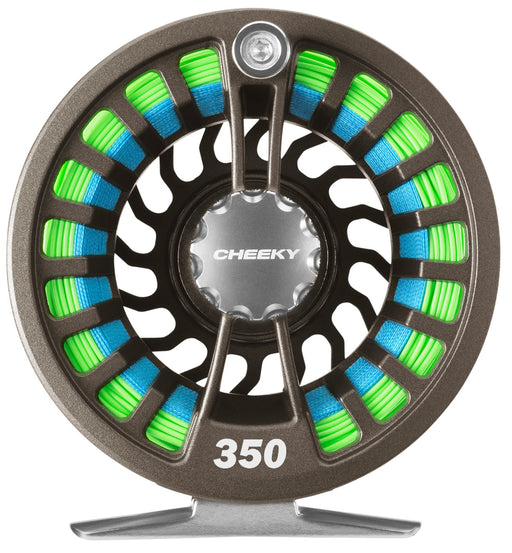 The Cheeky preload moonstone color reel with blue backing and green floating line