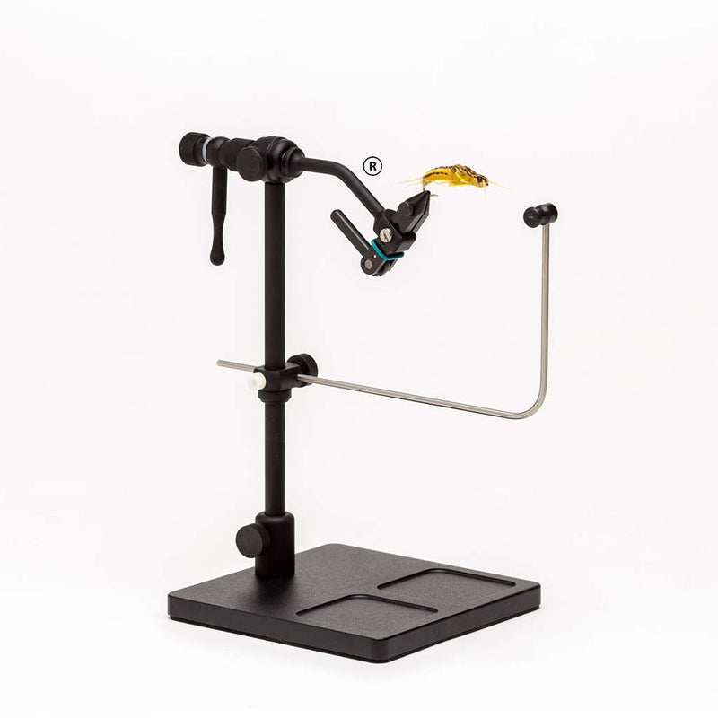 Black rotary cam vise with pedestal base and clamp arm