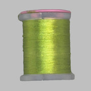 Yellow-green Antron yarn spool with clear plastic rim and end caps