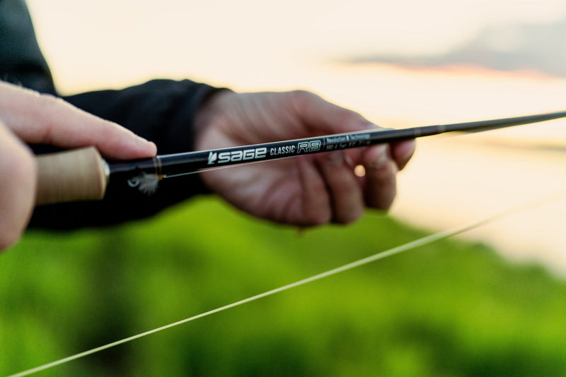 Fly rod held in hand, black blank with silver branding, cork grip