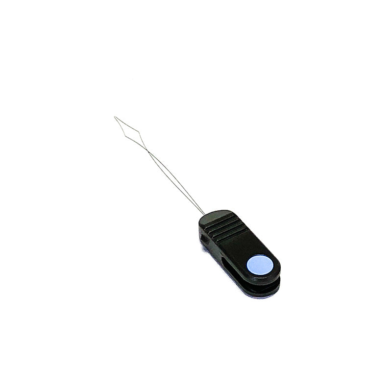 Threader tool with black handle and thin metal needle