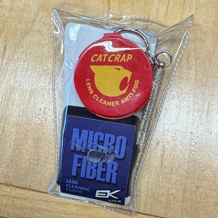 Transparent plastic pouch with lens cleaner, labeled cloth and mini screwdriver in it