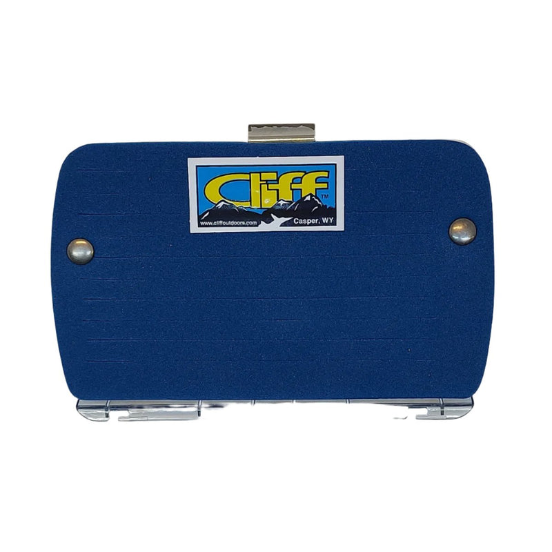 Blue sun visor accessory with Cliff logo patch and metal fasteners