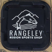 Dark navy plastic tray with Rangeley logo and "REGION SPORTS SHOP" text