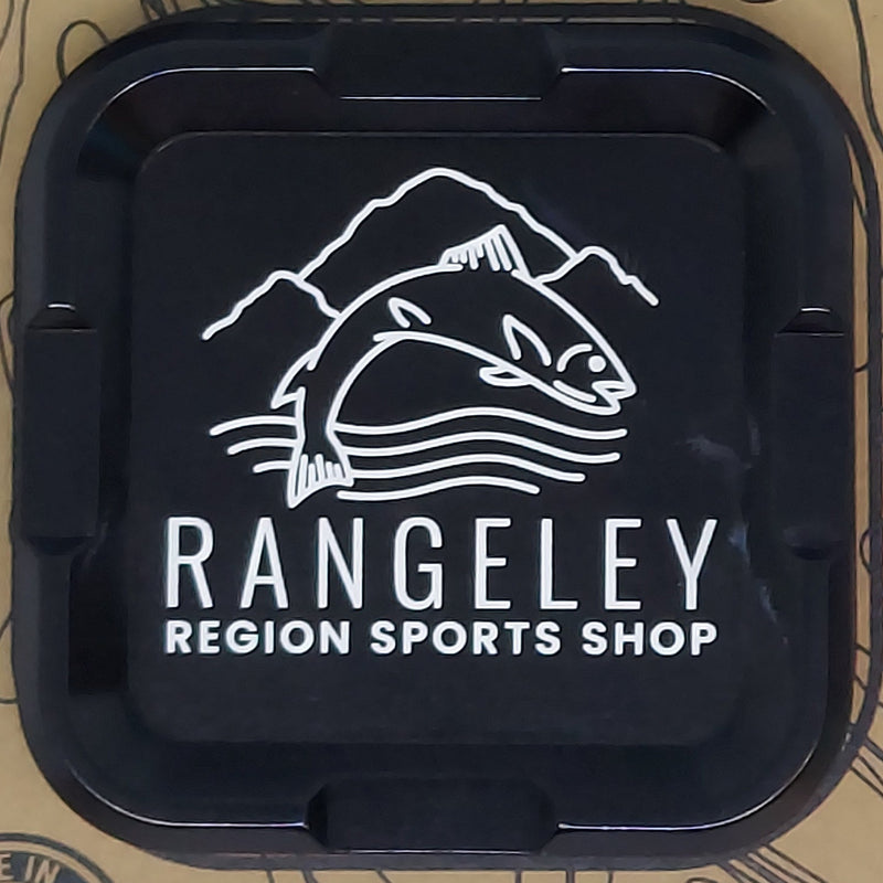 Dark navy plastic tray with Rangeley logo and "REGION SPORTS SHOP" text