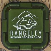 Green plastic tray with Rangeley logo and "REGION SPORTS SHOP" text