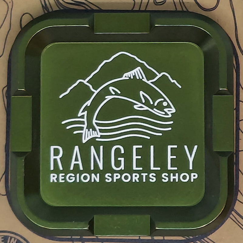 Green plastic tray with Rangeley logo and "REGION SPORTS SHOP" text