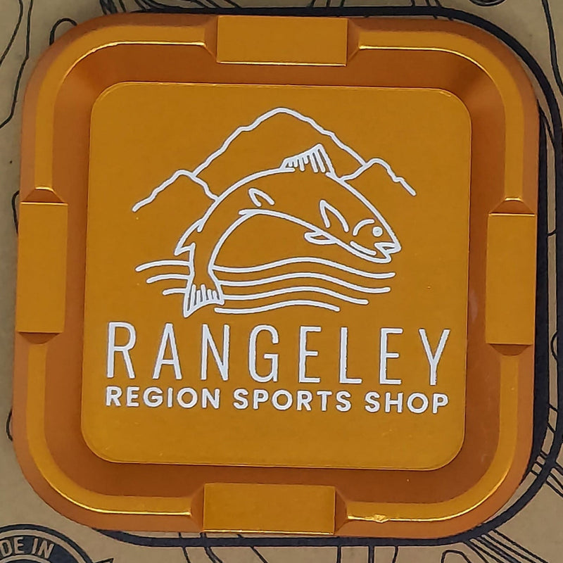 Orange plastic tray with Rangeley logo and "REGION SPORTS SHOP" text