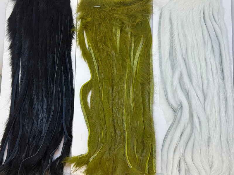 Rabbit half-skin fur hide, zonked shag, black/olive/white panels