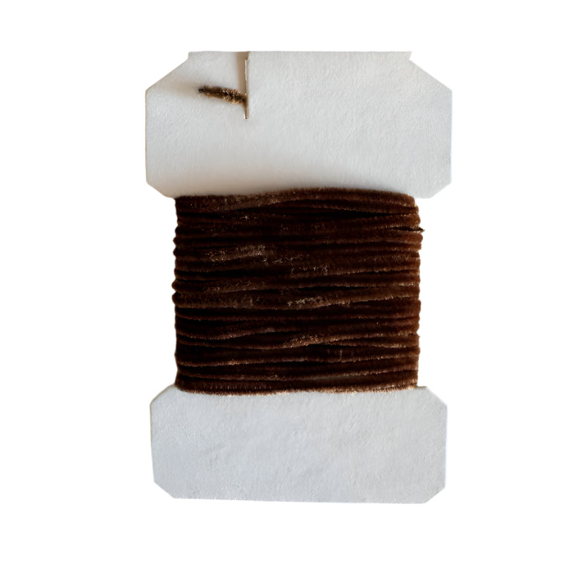 Fine rayon chenille thread spool in dark brown with top and bottom pads