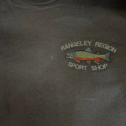 Dark brown embroidered Brook trout T-shirt with Rangeley Region Sport Shop logo