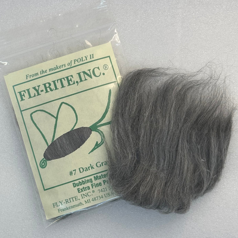 Fly dubbing material packet with dark gray fibers