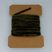 Medium rayon chenille yarn spool in dark olive green with ribbed fuzzy texture