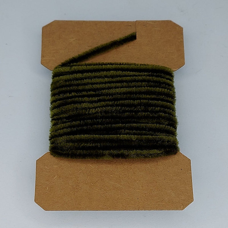 Medium rayon chenille yarn spool in dark olive green with ribbed fuzzy texture