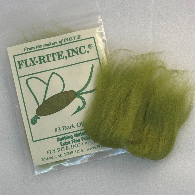 Fly dubbing material packet with dark olive green fibers