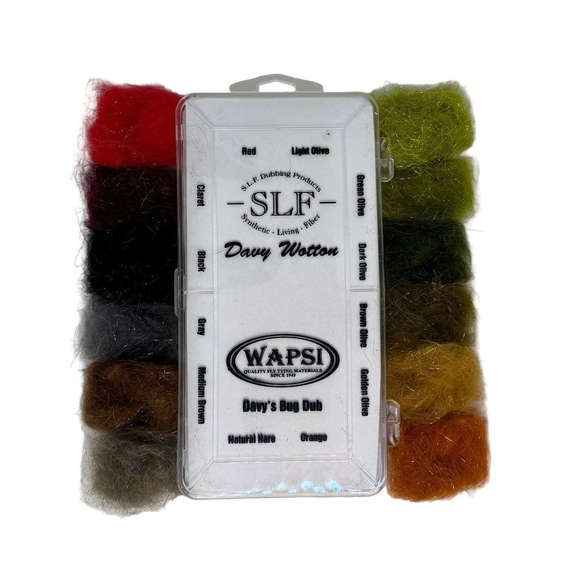 Synthetic dubbing set with bundled fibers in red, light olive, black, olive, and tan