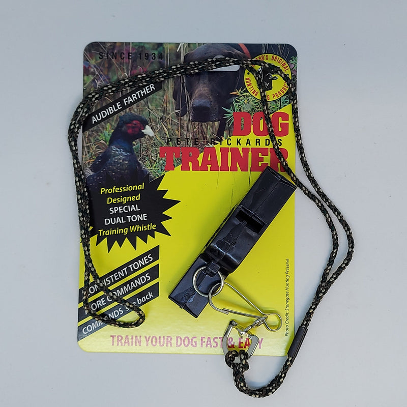 Dual end dog trainer whistle in retail package with black braided lanyard