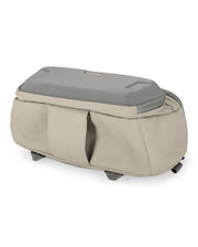 Simms sling pack with gray top and beige sides, rounded bottom for carry