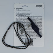 Dog training whistle with black braided cord and instruction card backing