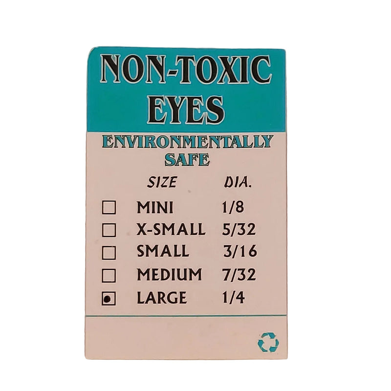Non-toxic Eyes size chart card with MINI–LARGE boxes and DIA values 1/8 to 1/4
