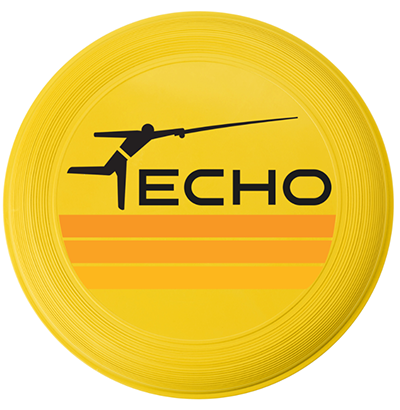 a bright yellow flying disc with fly fishing graphic and name ECHO
