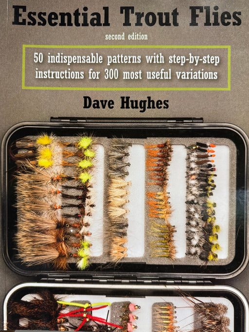 Cover of the book Essential Trout Flies with a photo of a fly box filled with flies