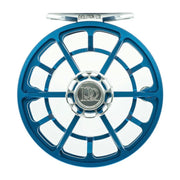 Fishing reel, blue wheel with silver center cap and gold accent ring