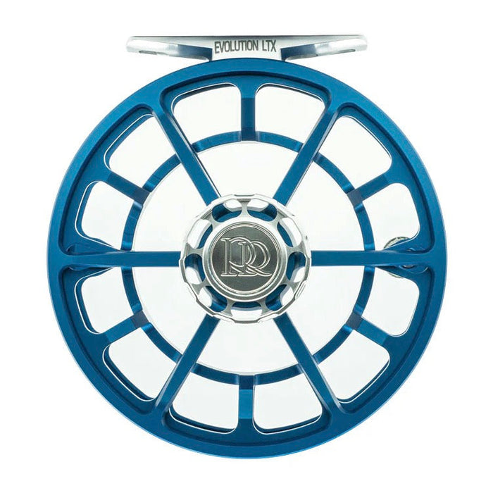 Matte Blue Evolution LTX reel with silver accents on white background