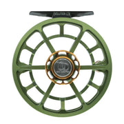 Fishing reel, olive green wheel with silver center cap, bronze ring, and gold accents