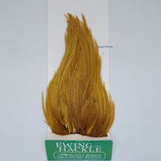 Gold honey feather hackle on card, tapered plume with fine fibers