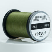 Olive 6/0 sewing thread spool, veevus brand label on round bobbin