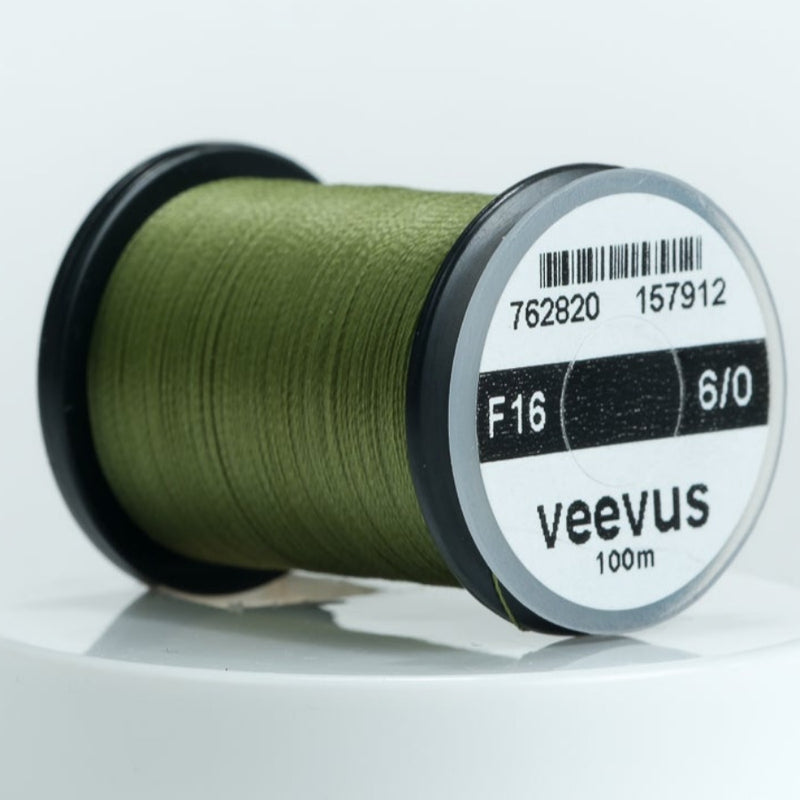 Olive 6/0 sewing thread spool, veevus brand label on round bobbin