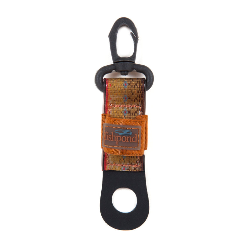 Fishpond floatant bottle holder with orange patterned pouch and black strap loop
