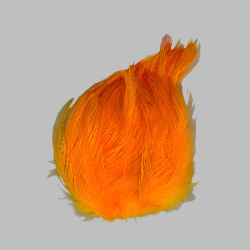 Strung neck hackle feathers, orange with golden-yellow base