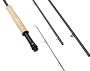 Sage fly fishing outfit with rod sections, line guides, and metal clips
