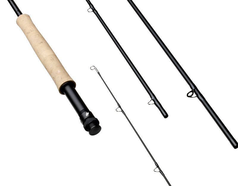 Sage fly fishing outfit with rod sections, line guides, and metal clips
