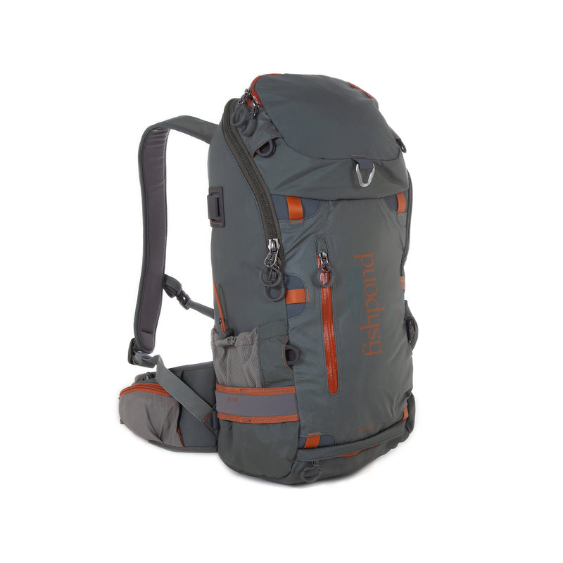 Fishpond Firehole backpack, dark gray with orange trim and front zip pockets